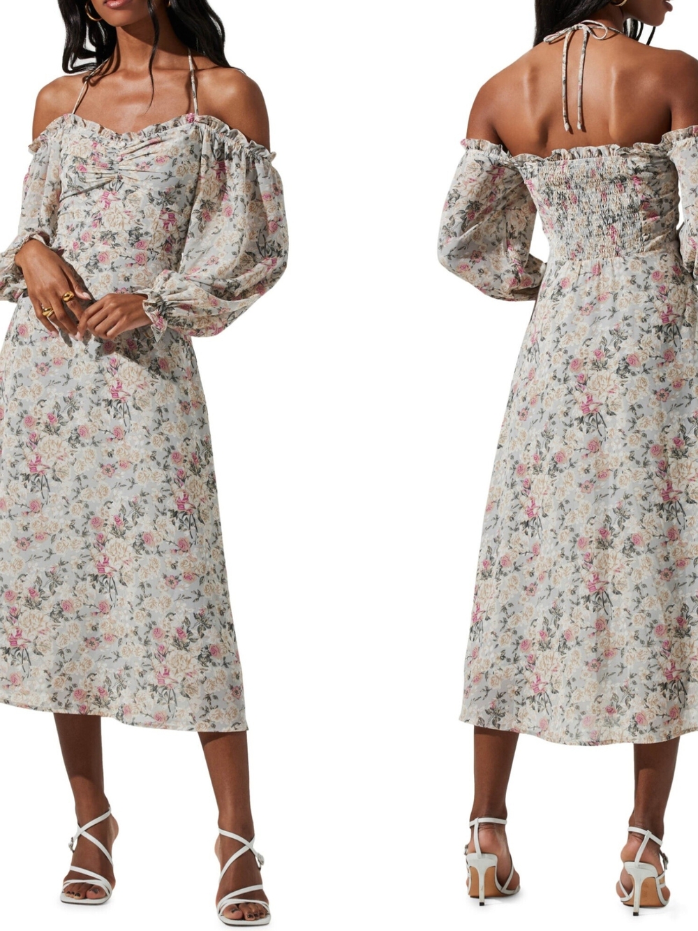 ASTR The Label Floral Off Shoulder Tie Neck Midi Dress M Cottagecore Romantic
